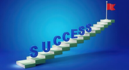 Success staircase with bold letters and flag on blue background, rising steps symbolizing achievement, goal completion, motivation, progress, and business or personal growth
