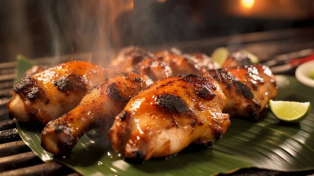 Succulent grilled chicken drumsticks with glaze and flame on banana leaf served with lime