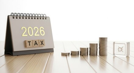 2026 tax planning concept with desk calendar and wooden blocks on modern workspace, financial preparation, deadline awareness, accounting strategy, and future tax management
