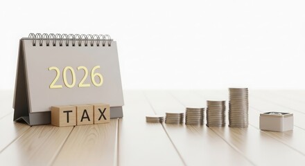 2026 tax planning blocks on desk background, wooden cubes forming TAX with rising stacks, financial preparation, accounting strategy, future budgeting
