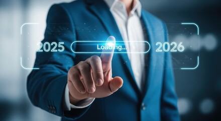 Business planning timeline with 2025 to 2026 transition on virtual interface, professional touching digital roadmap, representing future strategy, goal setting, innovation, and corporate vision
