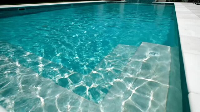 Sparkling turquoise pool with submerged steps and pristine white pool deck reflecting sunlight on water