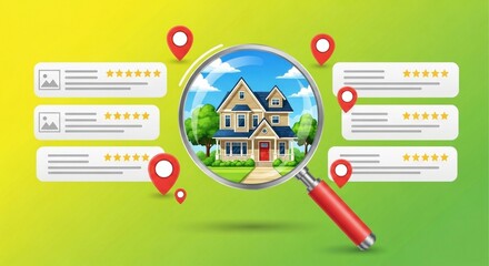 Real estate search concept with house under magnifying glass on green background, property listings and location markers, representing home search, housing market analysis, and buying decision
