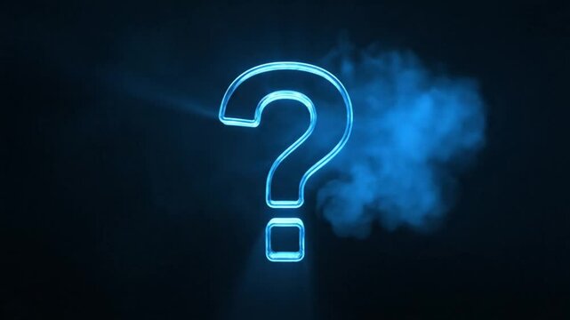 3D animation large question mark glowing against black backdrop.