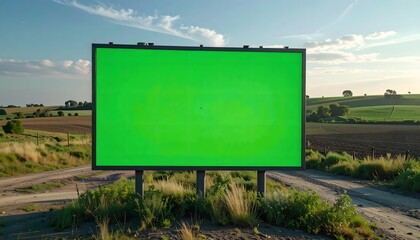 Obraz premium Green screen billboard in a rural landscape with rolling hills and blue sky
