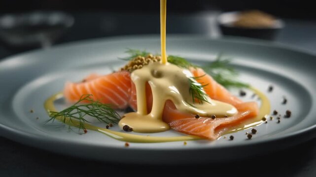 Gourmet plating of fresh salmon slices receiving a pour of rich creamy sauce garnished with dill and black peppercorns on a sophisticated plate.
