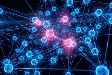 Dynamic network visualization with glowing blue and pink nodes, representing connections and innovation in a futuristic digital landscape