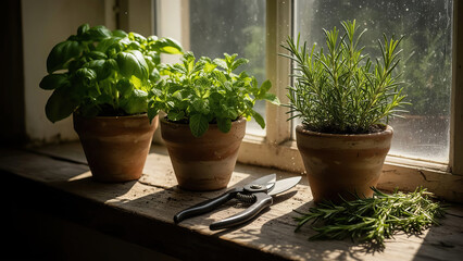 Herbs growing inside a home kitchen near a window during the afternoon with gardening tools on the wooden surface Generative AI
