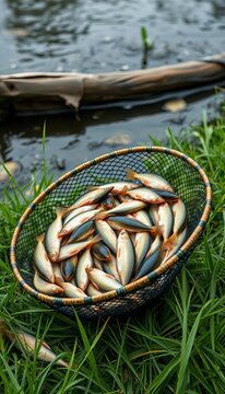 Fresh fish caught in net basket on green grass by river with many roaches Fishery concept,  water,  catch