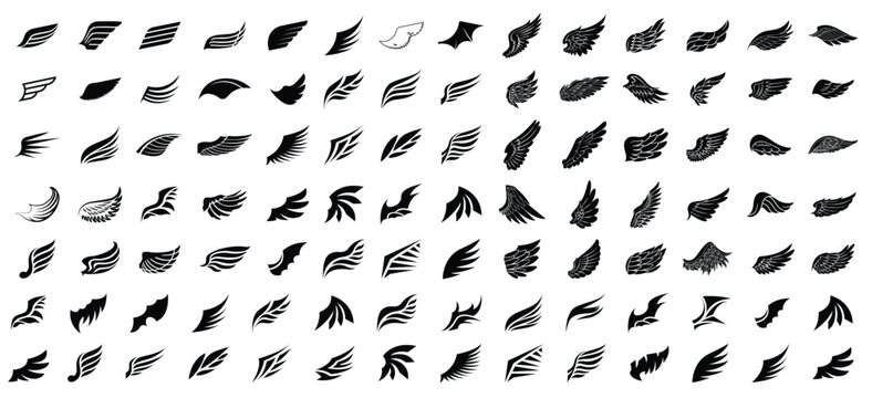 Abstract wings and feather shapes icon set featuring various stylized bird wings, flying elements and decorative silhouettes. Minimal black vector collection ideal for logo design, tattoo art, brandin
