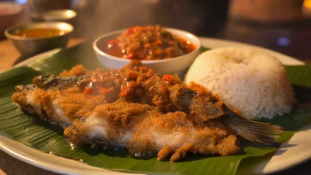 Hot steaming indonesian ikan goreng (fried fish) with spicy sambal chili sauce and fluffy white rice served authentically on a banana leaf.