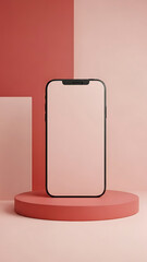 Modern Smartphone Mockup on Round Podium with Red and Pink Geometric Background