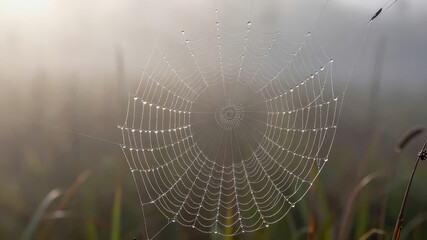 Spider web in early morning fog with dew drops on strands among tall grass at natural location Generative AI