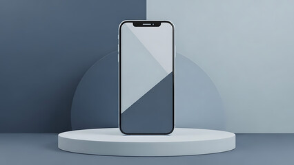 3D render of smartphone with blank screen on blue minimal podium