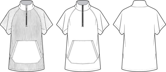 Men short sleeve half zip hoodie dress, technical fashion flat sketch, front back views, apparel cad drawing, vector illustration © SreePobitra