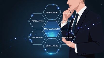 Businessman managing workflow in futuristic interface with glowing blue hexagons in dark modern lighting for corporate technology