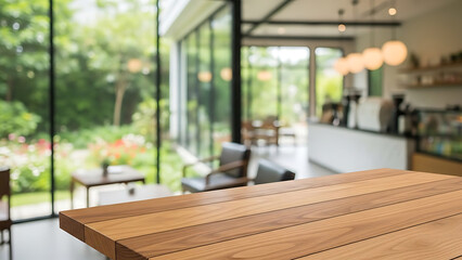 Empty wooden table top with blurred modern cafe background