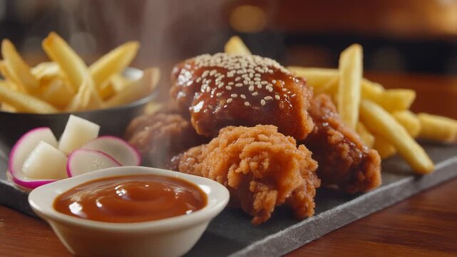 Steaming korean fried chicken wings (kfc) combo with crispy golden french fries tangy pickled radish and dipping sauce on a rustic plate