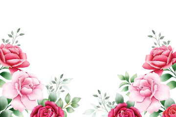 Elegant Watercolor Roses Floral Corner Background with Green Leaves