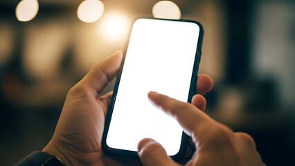 Hand touching blank smartphone screen with bokeh lights background