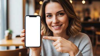 Happy woman pointing at blank smartphone screen mockup in cafe