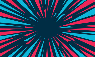 Burst background with cyan and red rays, abstract energy explosion design on dark blue center