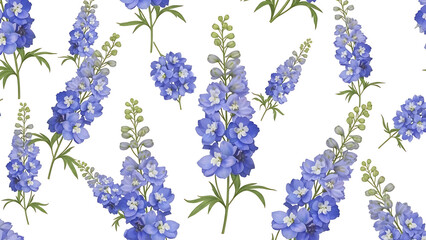 Seamless pattern of blue delphinium flowers on white background