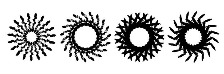 Abstract spiral motion set in black, rotating radial shapes with curved dynamic elements