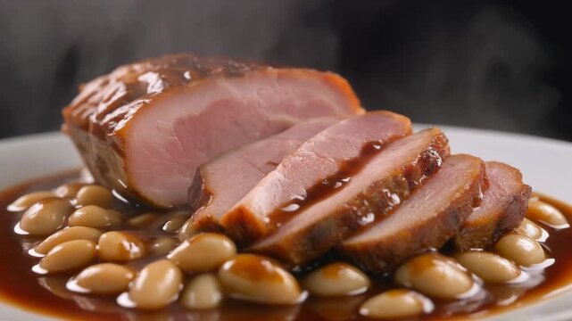 Appetizing steaming sliced glazed pork or ham loin with rich brown sauce and baked beans on a white plate