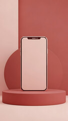 Modern Smartphone Mockup on Round Podium with Red and Pink Geometric Background