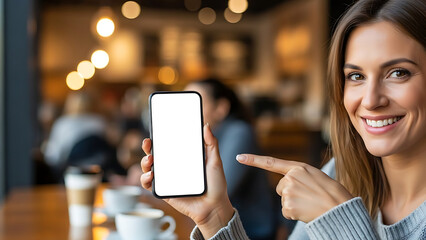 Happy woman pointing at blank smartphone screen mockup in cafe