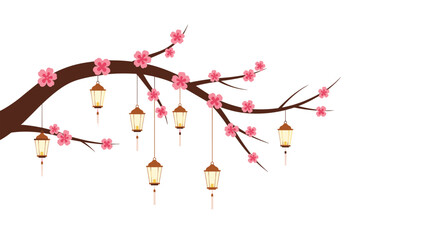A tree branch with pink blossoms and hanging lanterns, suggesting a festive oriental or Ramadan theme.