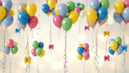 Festive Colorful Balloons with Ribbons and Bows on Bokeh Background