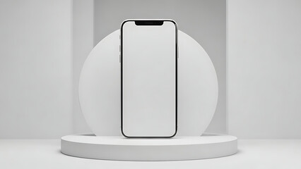 3D smartphone mockup with blank screen on white geometric podium