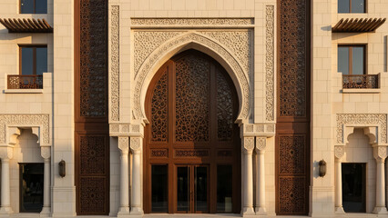 Exclusive arabic perfumery facade in dubai with golden sunlight
