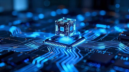 Circuit board with glowing cube - Powered by Adobe