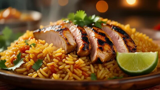 Grilled chicken breast slices served over mexican-style rice pilaf with fresh lime and cilantro garnish featuring rich texture and warm bokeh background lighting.
