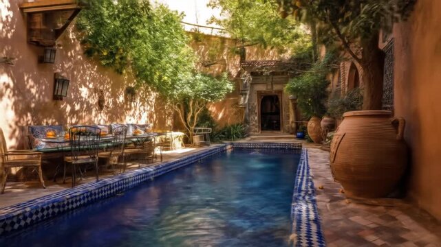A courtyard scene with a pool, plants, and seating under a warm sun. It has arches and traditional elements