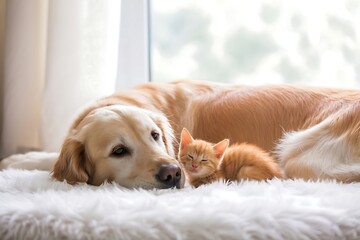 Golden Retriever Lying On Soft Rug With Kitten, Cozy Home Scene Of Pets