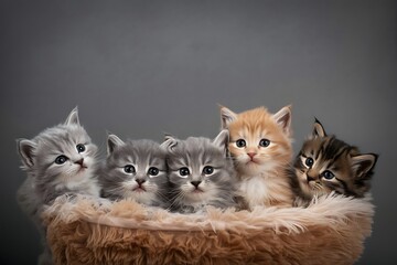 Adorable Group Of Five Kittens In A Soft Leopard Print Basket Looking Curious And Playful