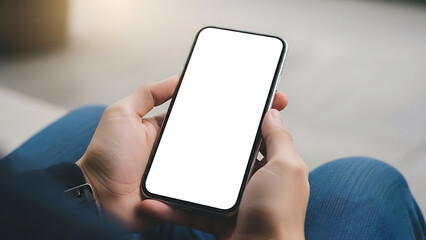 Man hands holding smartphone with blank white screen mockup