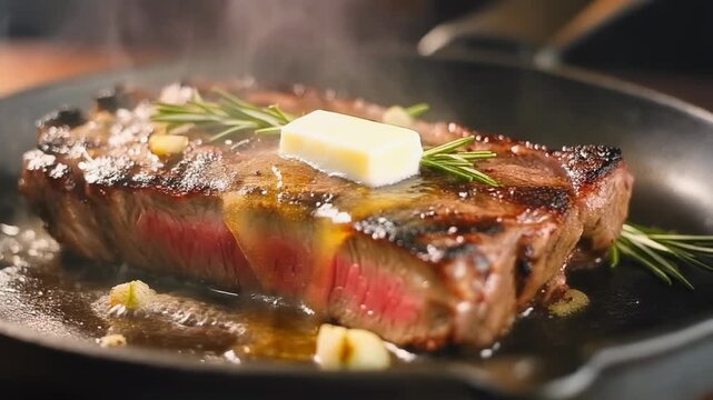 Sizzling steak with melting butter rosemary and garlic in a cast iron skillet