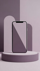 3D render of smartphone with blank screen on purple podium