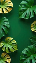 Golden split leaf philodendron & monstera line art pattern on green background, monstera, background