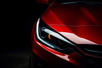 Close-up of a sleek red car's headlight, showcasing modern design elements and vibrant colors, emphasizing the innovative automotive technology and craftsmanship