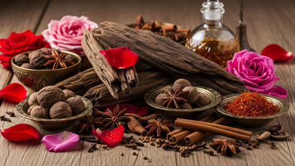 Traditional arabic incense and perfume ingredients still life