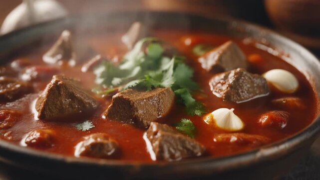 Close-up of steaming hearty beef stew or goulash featuring tender chunks of meat in a rich tomato sauce garnished with fresh herbs