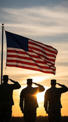 Soldiers saluting American flag at sunset silhouette close up