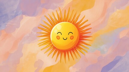 Smiling sun with rosy cheeks and winking face in colorful sky
