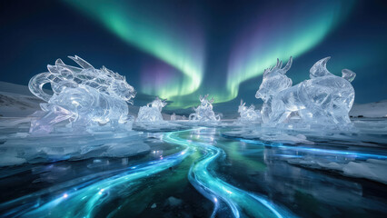 Ice sculptures under northern lights showcasing animals at a frozen lake during a winter night Generative AI